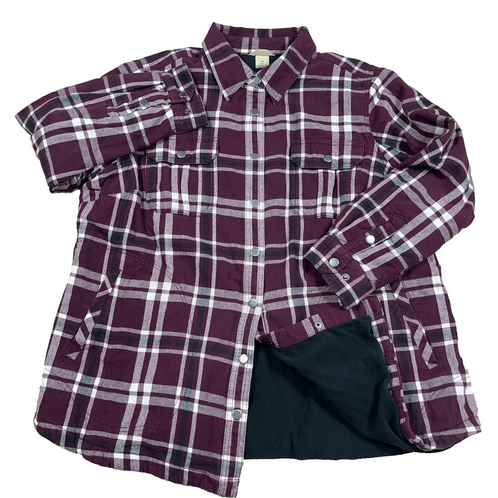 Duluth Shacket Women 1X Purple Plaid Flannel Shirt Jacket Quilt Fleece Lined
